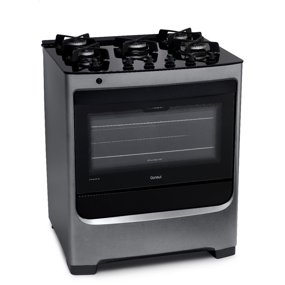 Fogão Consul CFS5VAR 5 Bocas com Trempe de Ferro Fundido e Mesa de Vidro Inox - Bivolt