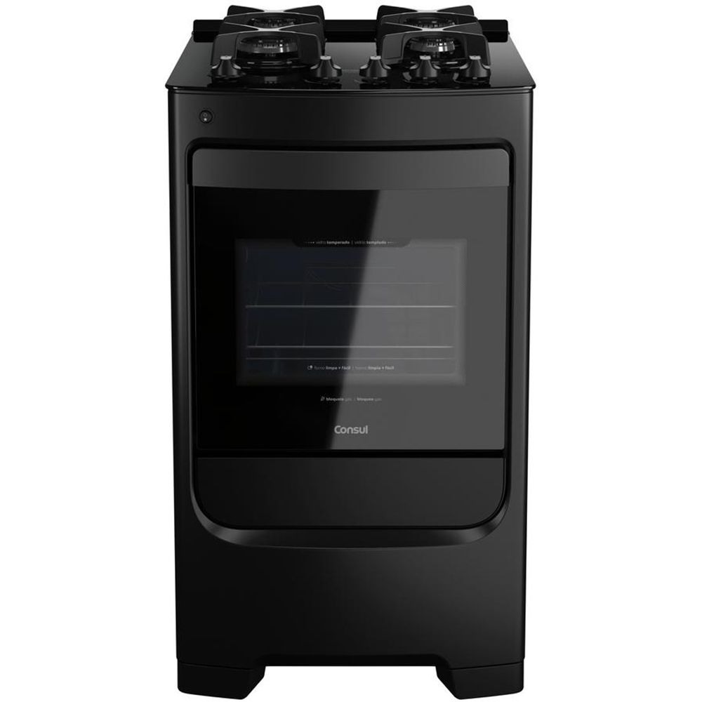 Fogão Consul 4 Bocas Preto CFO4VAE com Mesa de Vidro e Grades Individuais de Ferro Fundido - Bivolt