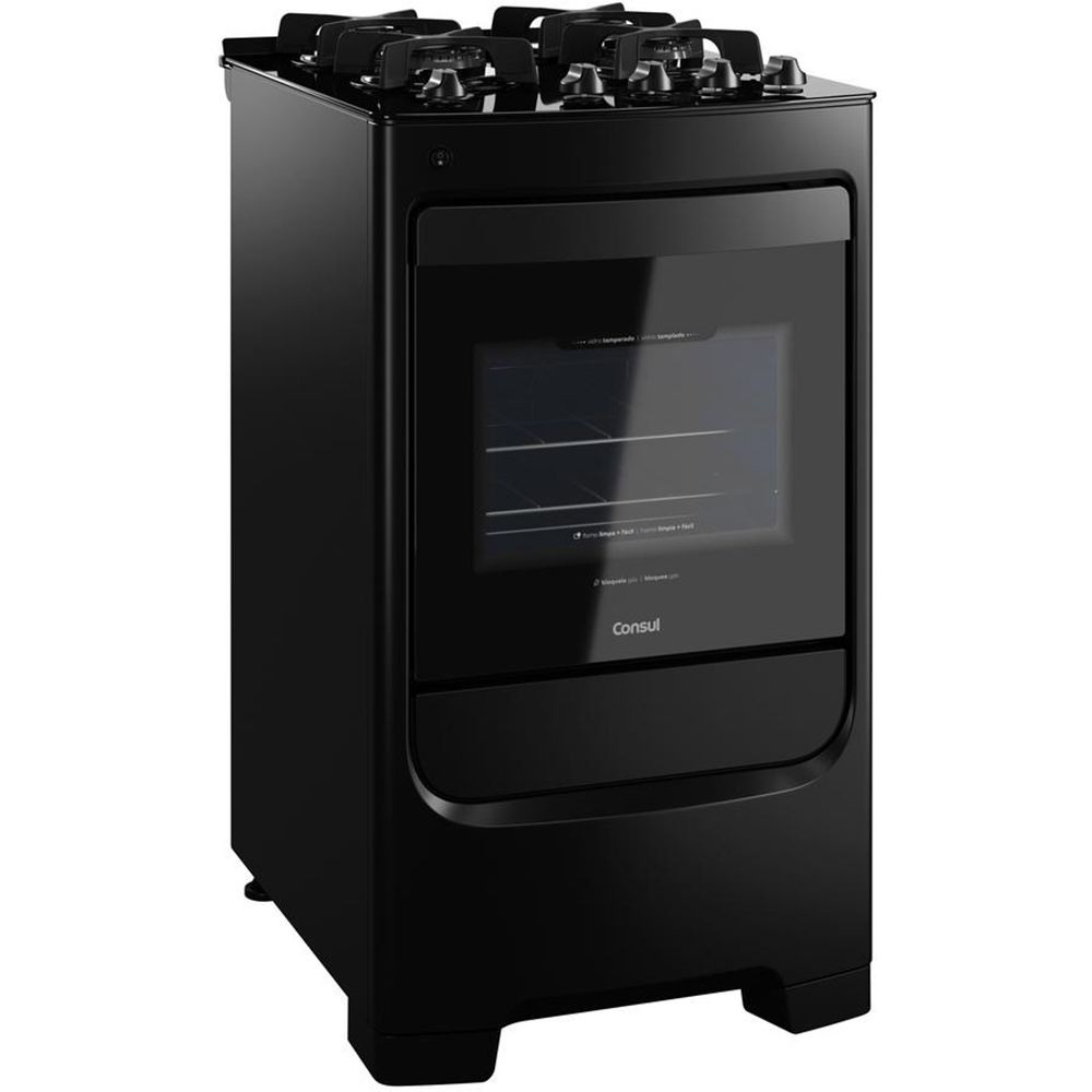 Fogão Consul 4 Bocas Preto CFO4VAE com Mesa de Vidro e Grades Individuais de Ferro Fundido - Bivolt
