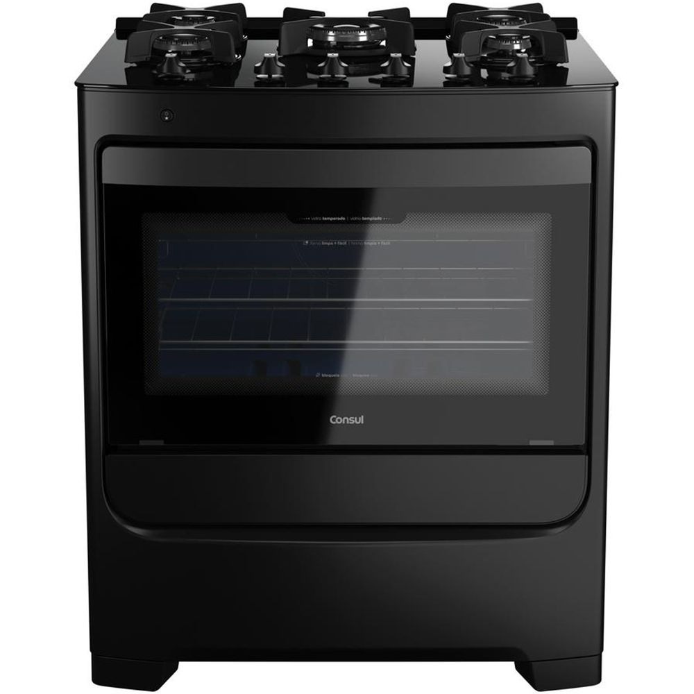 Fogão Consul 5 Bocas Preto CFS5VAE com Mesa de Vidro e Grades Individuais de Ferro Fundido - Bivolt