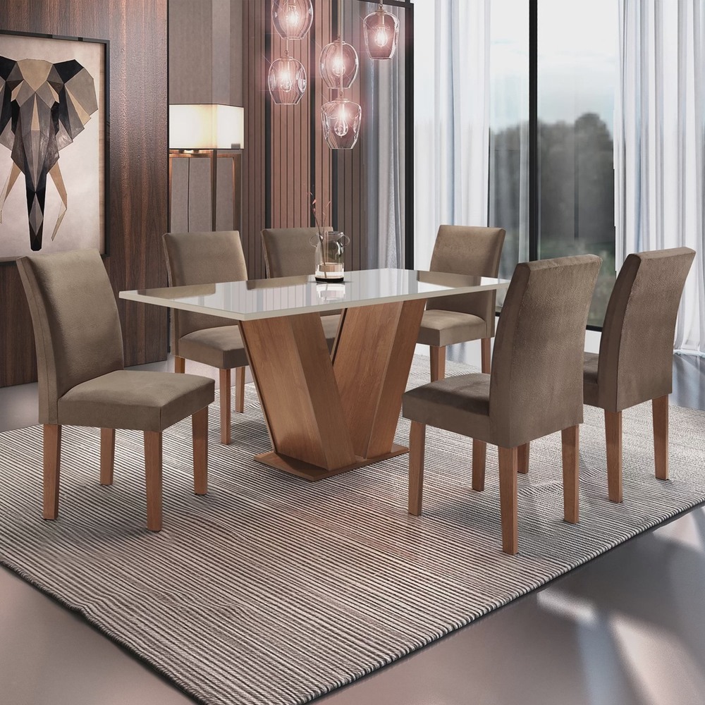 Conjunto Sala de Jantar Mesa Tampo de Vidro 6 Cadeiras Espanha Siena Móveis Chocolate